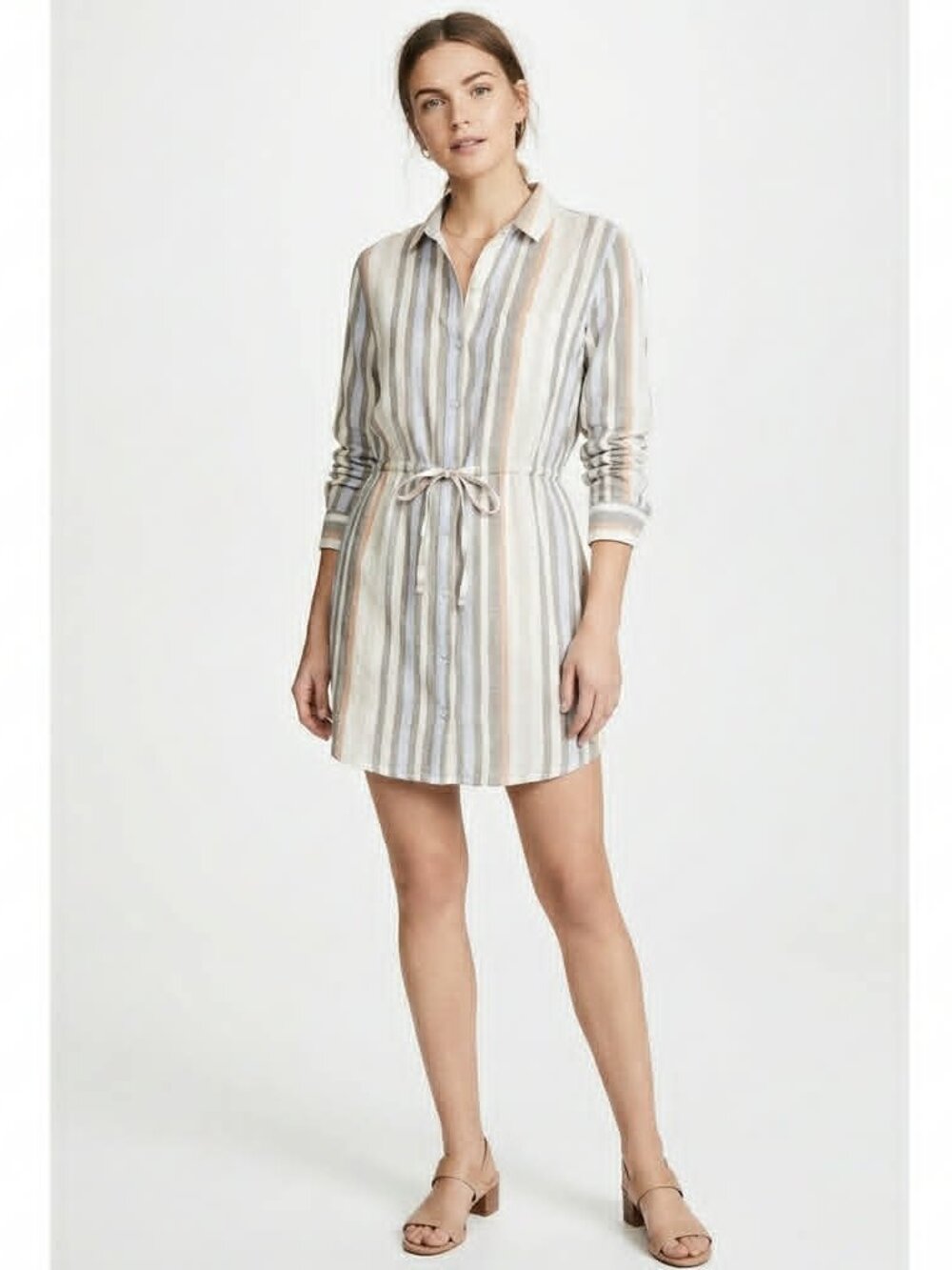 Japna Womens Medium Button Down Striped Shirt Dress with Waist Tie